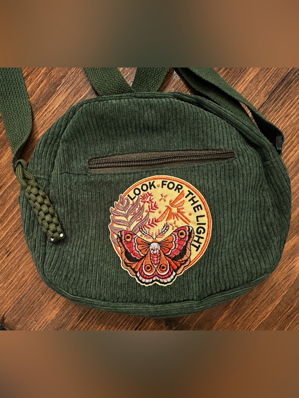 Moss / Army Green Corduroy Crossbody Sling Bag Butterfly Patch Boho Outdoor